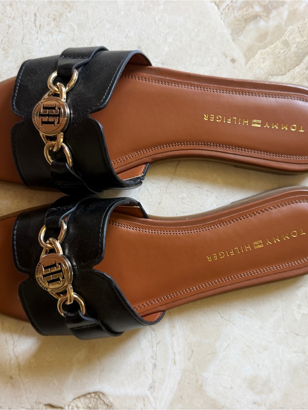 Tommy Hilfiger Black Leather Slide Sandals with Gold Logo Chain